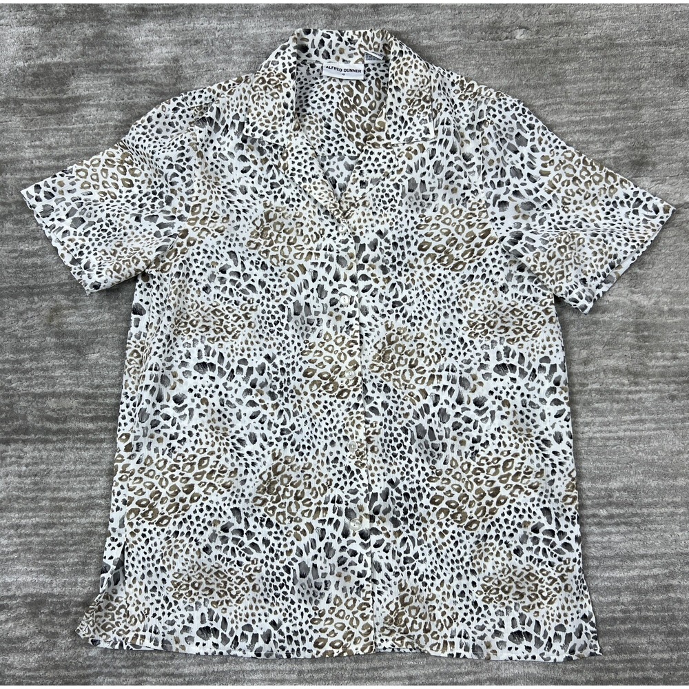 Alfred Dunner Button Down Womens 10 White Leopard Print Camp Collar Short Sleeve